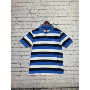 Chaps Mens Blue Black White Stripe Polo Shirt Short‎ Sleeve Logo Size Medium